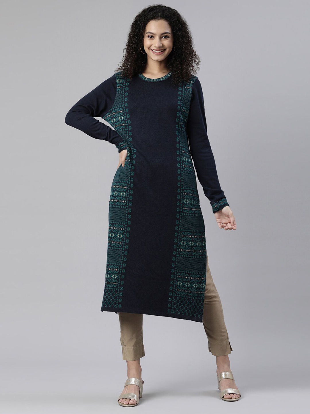 

Neerus Long Sleeves Knee Length Kurta, Navy blue
