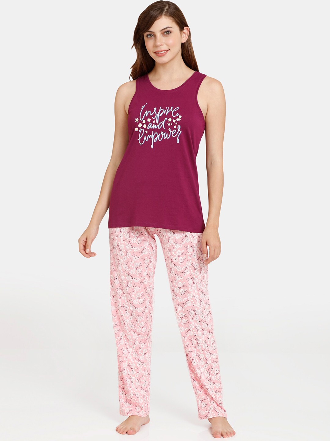 

Rosaline by Zivame Women Pink & Maroon Printed Pure Cotton Night suit