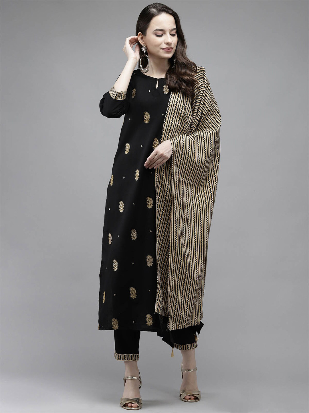 

ODETTE Women Black Embroidered Mirror Work Pure Cotton Kurta with Trousers & With Dupatta