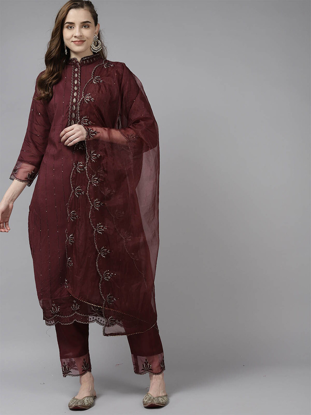 

ODETTE Women Maroon Ethnic Motifs Embroidered Kurta with Trousers & With Dupatta
