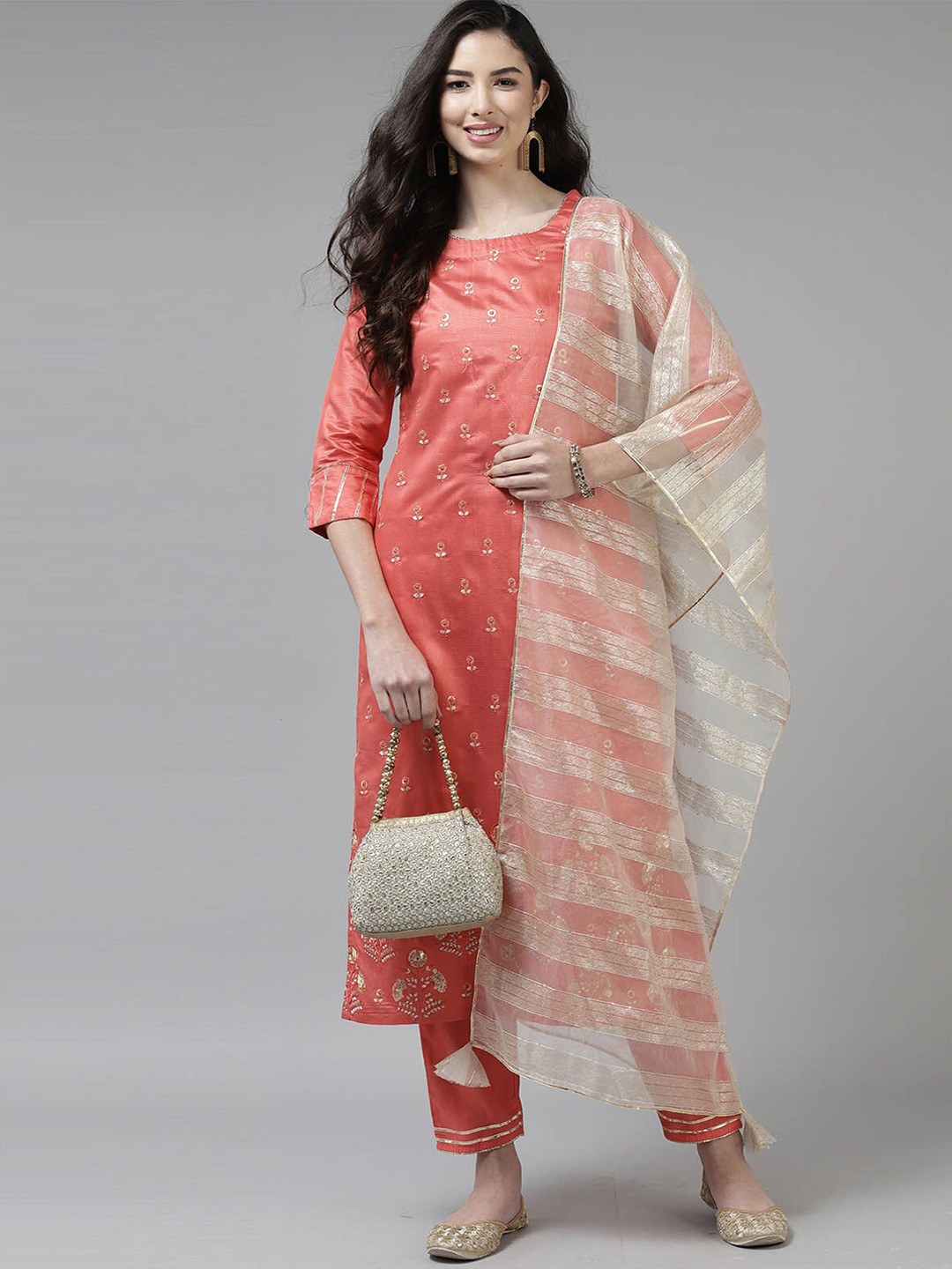 

ODETTE Women Peach Floral Embroidered Sequinned Kurta with Trousers & With Dupatta