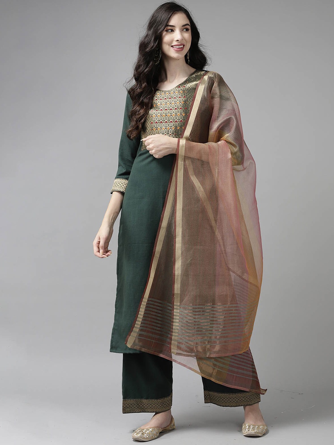 

ODETTE Women Green Yoke Design Kurta with Palazzos & With Dupatta