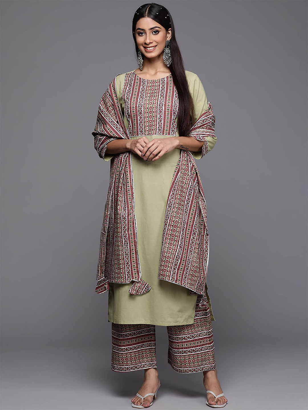 

ODETTE Women Green Tribal Yoke Design Kurta with Palazzos & With Dupatta