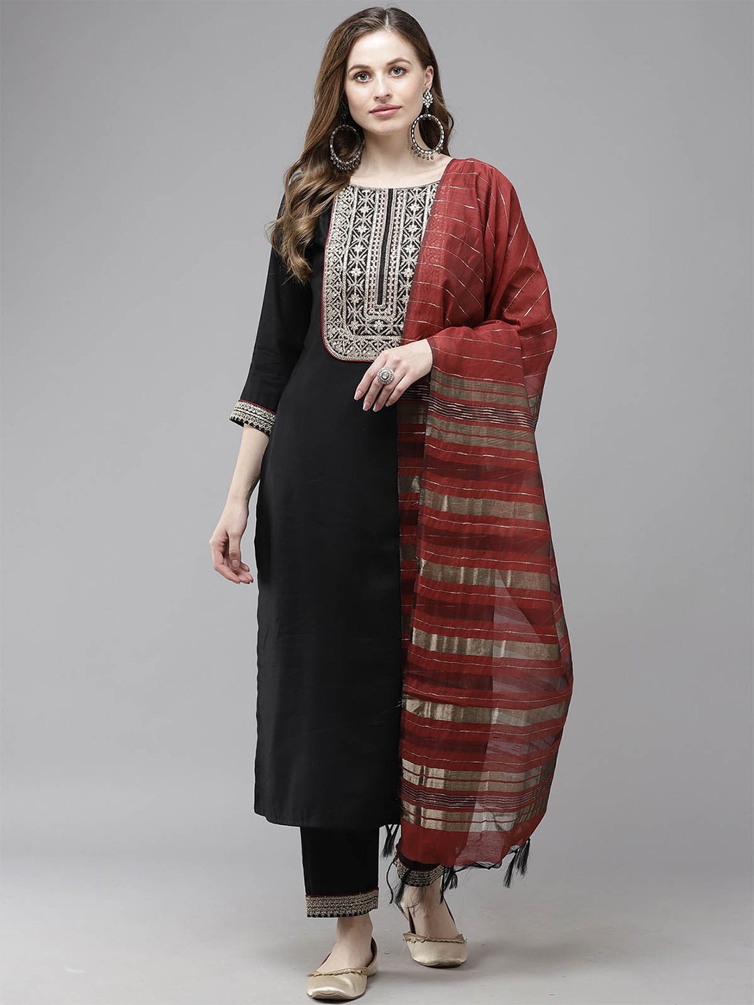 

ODETTE Women Black Yoke Design Thread Work Kurta with Trousers & With Dupatta