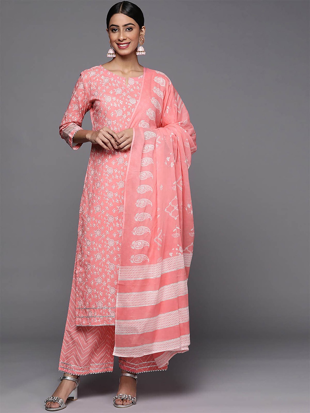 

ODETTE Women Pink Floral Printed Gotta Patti Kurta with Palazzos & With Dupatta