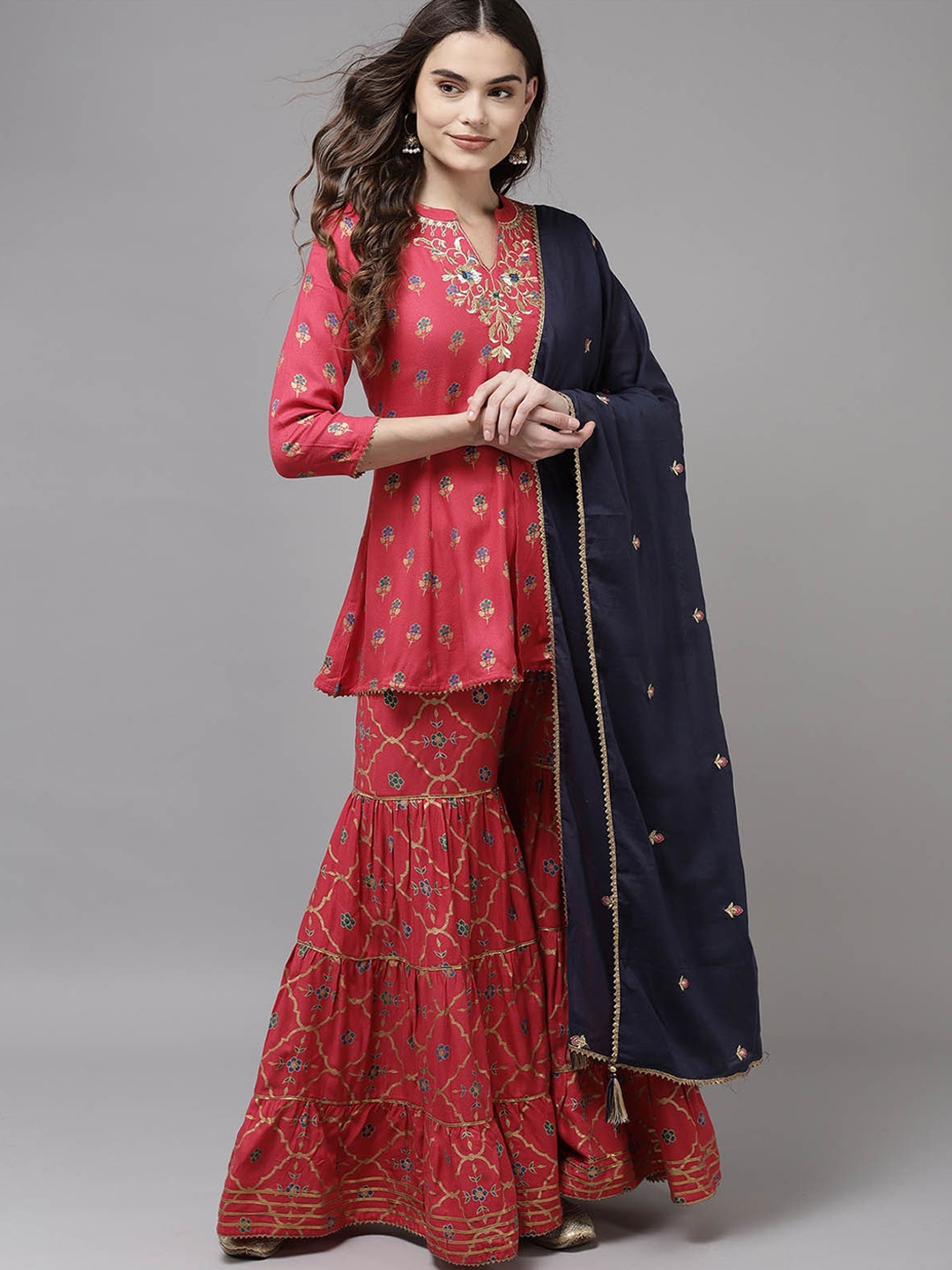

ODETTE Red Floral Printed Empire Thread Work Kurta with Sharara & With Dupatta