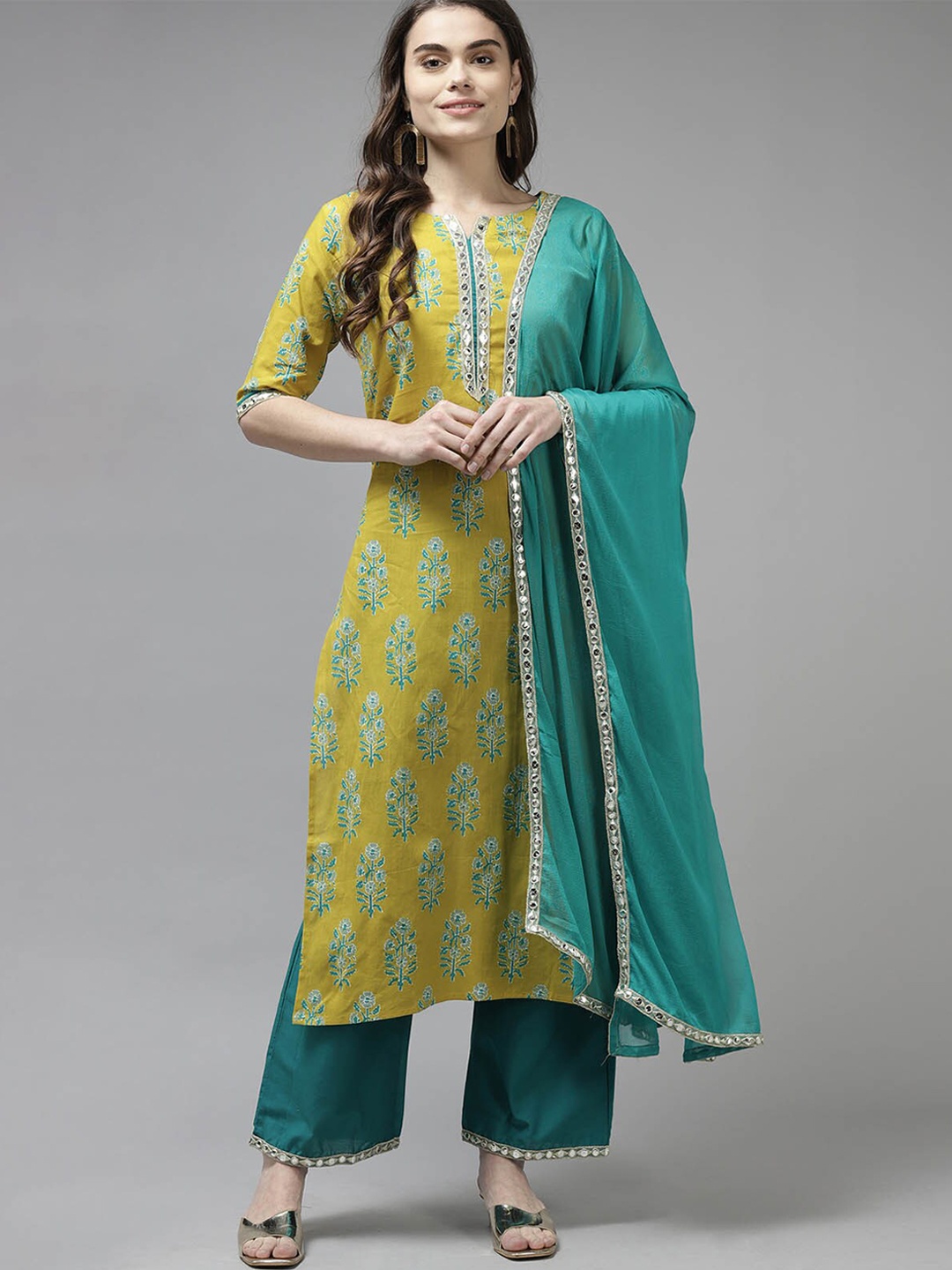 

ODETTE Green Ethnic Motifs Printed Mirror Work Kurta with Palazzos & With Dupatta