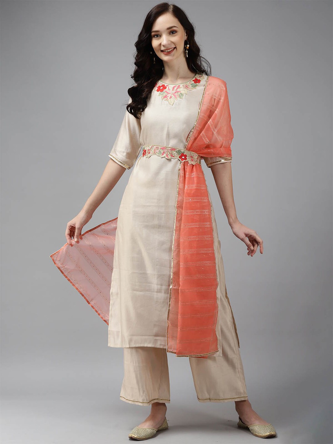 

ODETTE Off White Floral Embroidered Gotta Patti Liva Kurta with Palazzos & With Dupatta