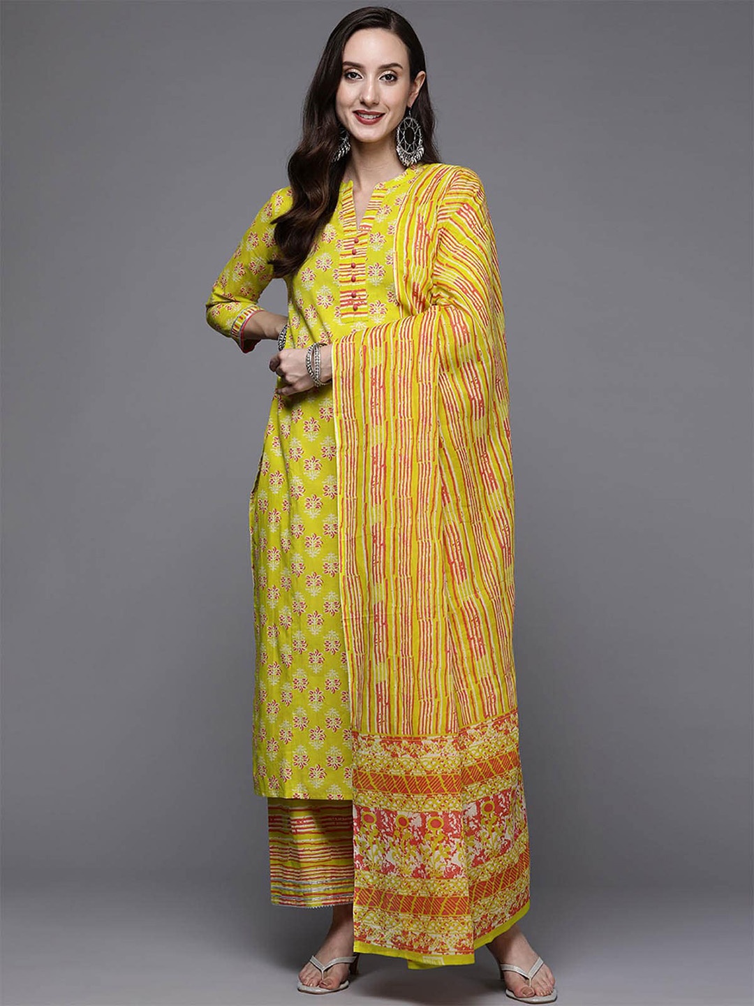 

ODETTE Women Yellow Floral Printed Pure Cotton Kurta with Palazzos & With Dupatta