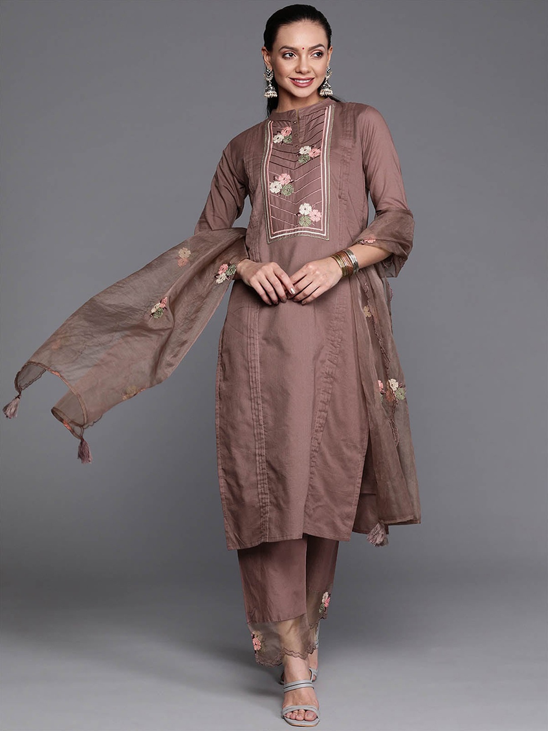 

ODETTE Brown Floral Embroidered Thread Work Kurta with Trousers & With Dupatta