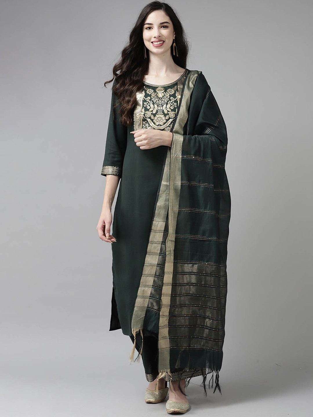 

ODETTE Green Yoke Design Thread Work Kurta with Trousers & With Dupatta