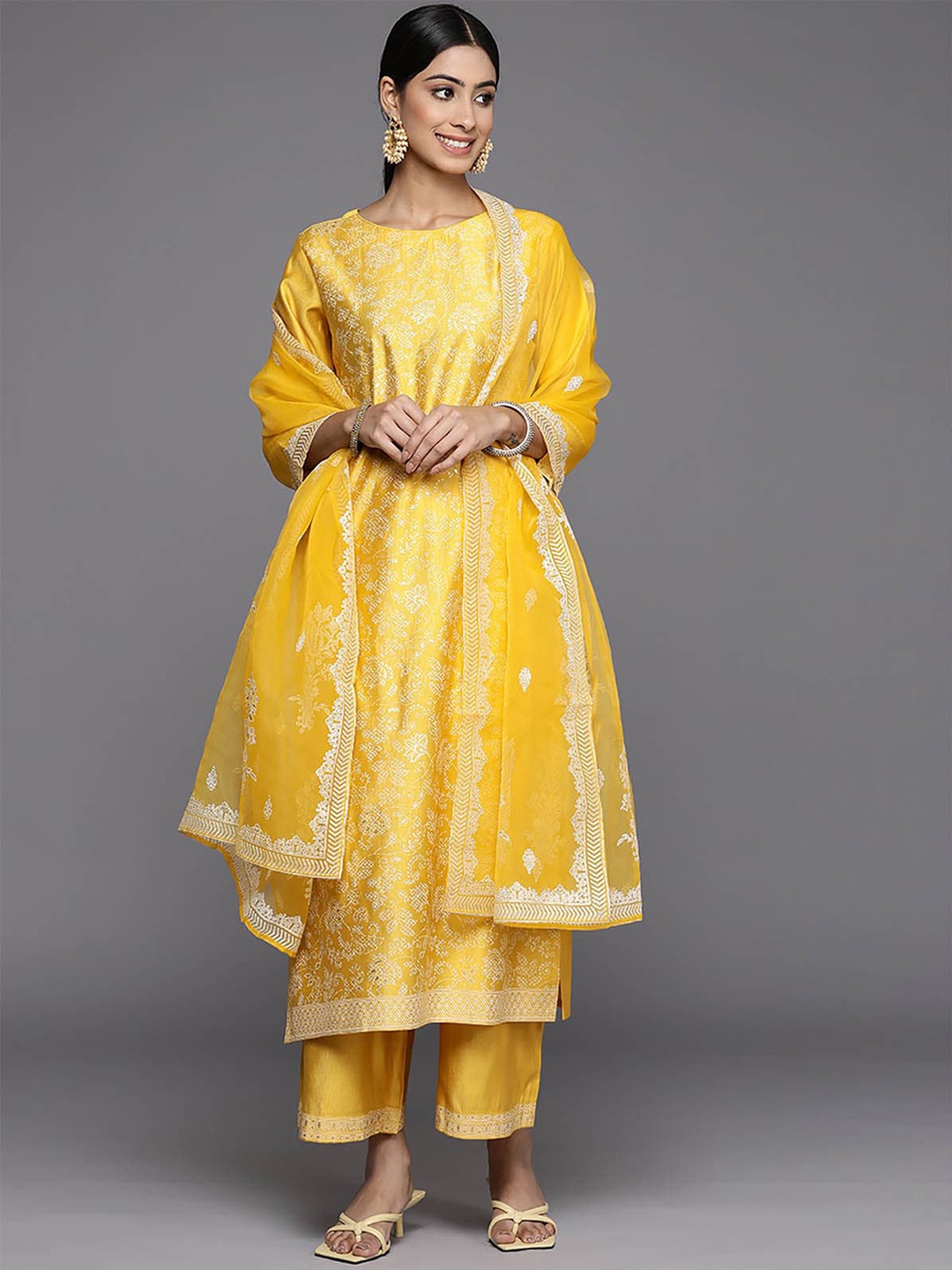 

ODETTE Women Yellow Floral Printed Liva Kurta with Palazzos & With Dupatta