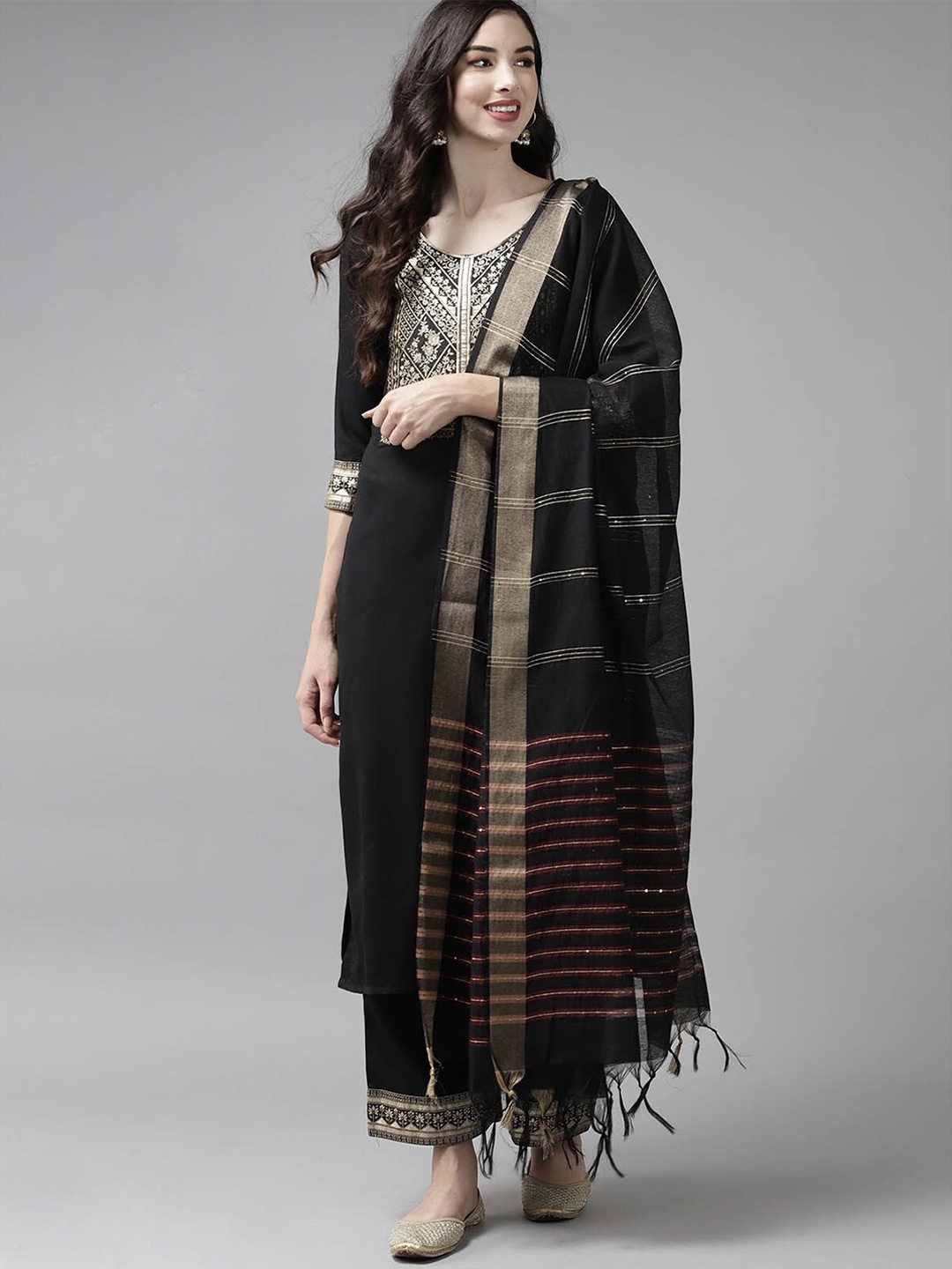 

ODETTE Women Black Yoke Design Thread Work Kurta with Palazzos & With Dupatta