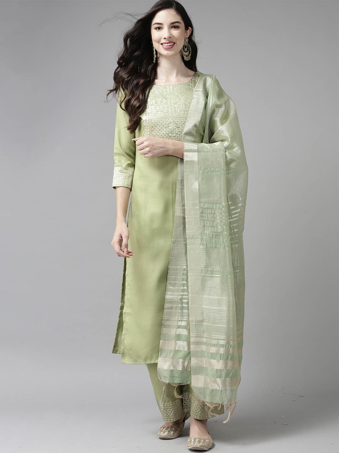 

ODETTE Women Sea Green Yoke Design Gotta Patti Kurta with Palazzos & With Dupatta