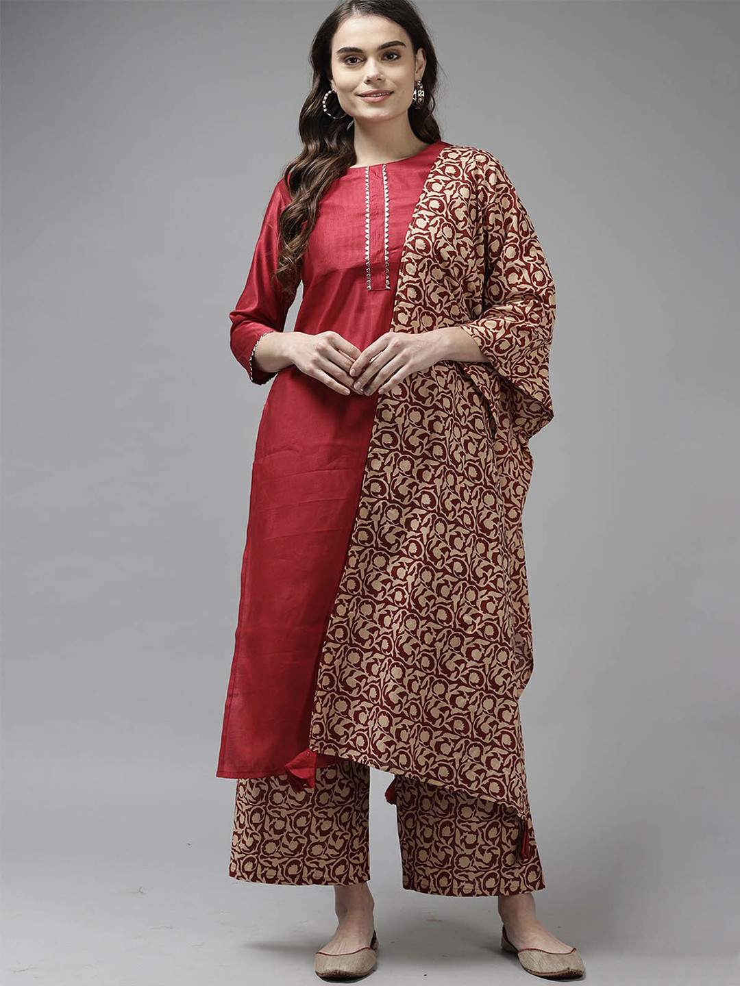 

ODETTE Women Red Kurta with Palazzos & With Dupatta, Maroon