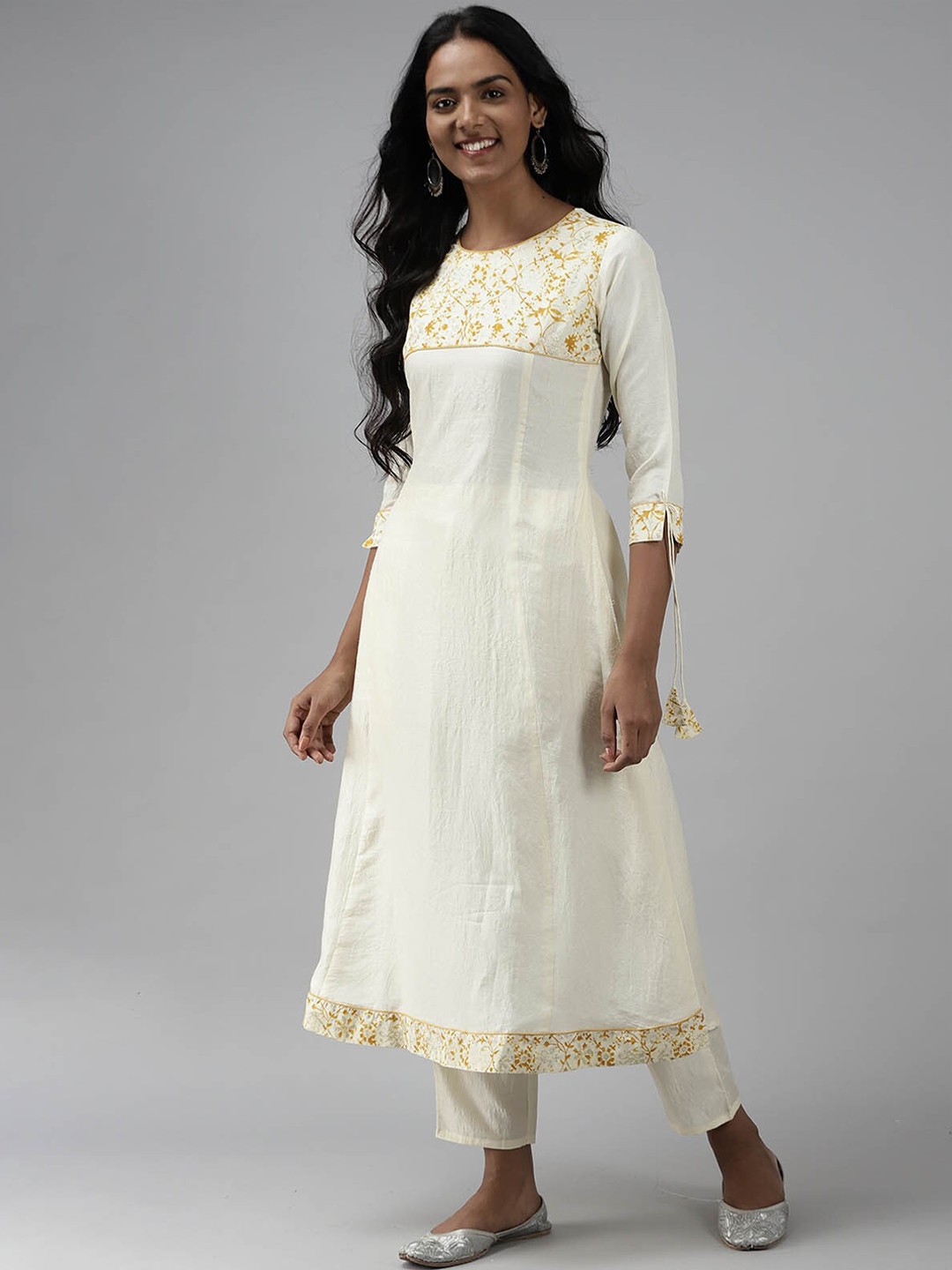 

ODETTE Women White Floral Yoke Design Panelled Kurta with Palazzos & With Dupatta