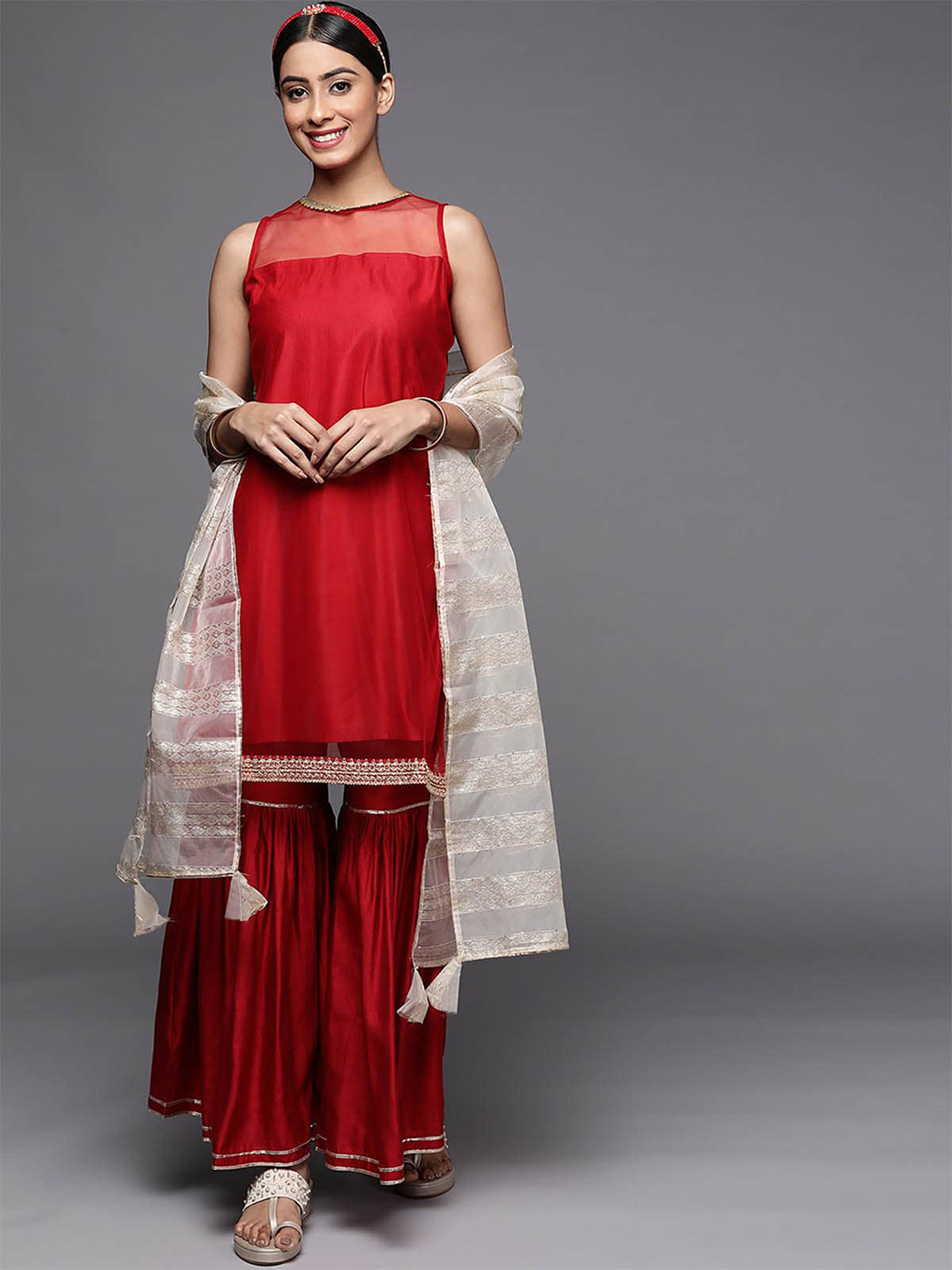 

ODETTE Women Red Liva Kurta with Sharara & With Dupatta