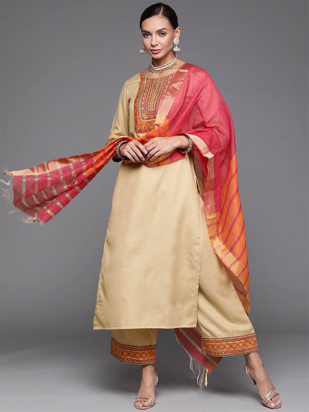 

ODETTE Women Beige Ethnic Motifs Kurta with Palazzos & With Dupatta