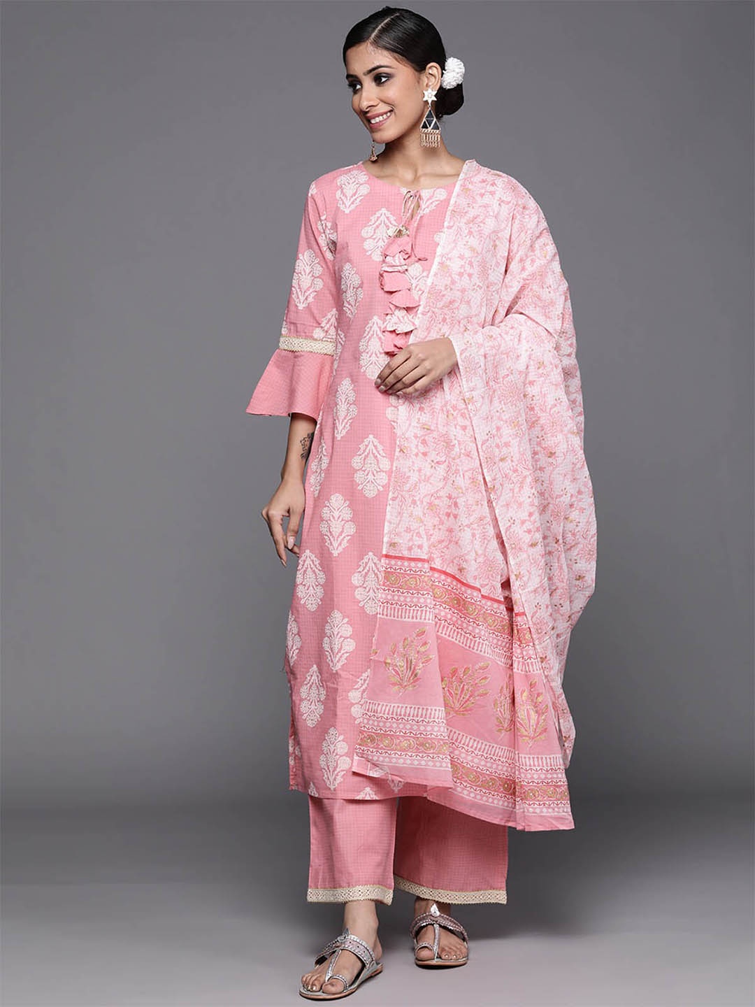 

ODETTE Women Pink Floral Printed Kurta with Palazzos & With Dupatta