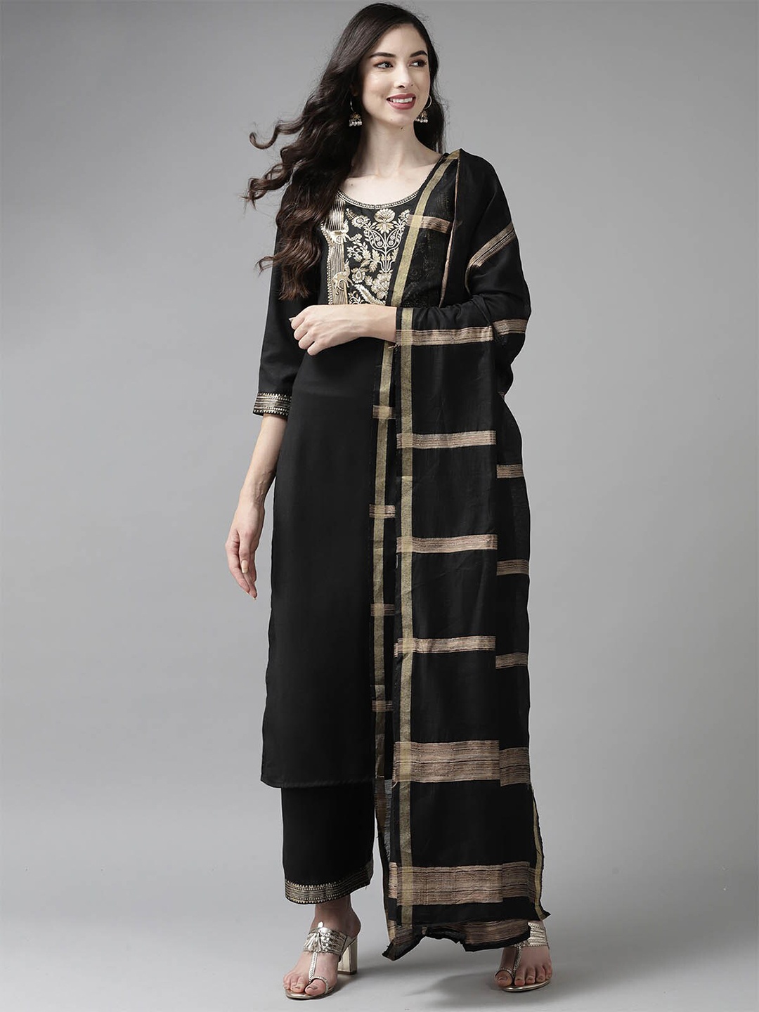 

ODETTE Women Black Yoke Design Thread Work Kurta with Palazzos & With Dupatta