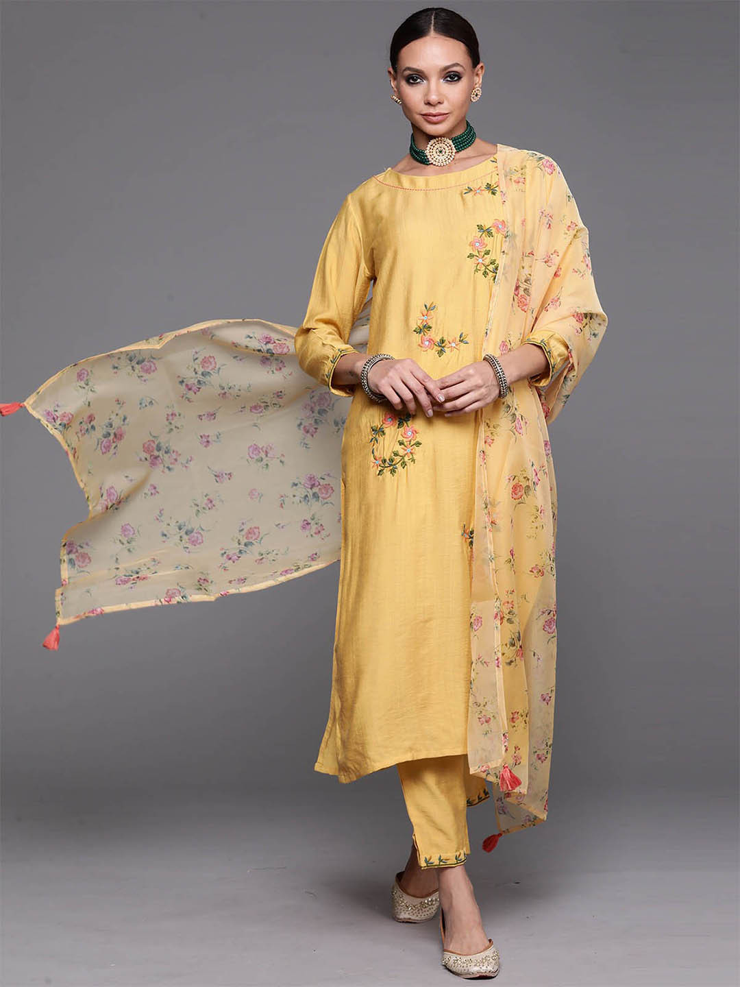 

ODETTE Women Yellow Floral Embroidered Thread Work Kurta with Trousers & With Dupatta
