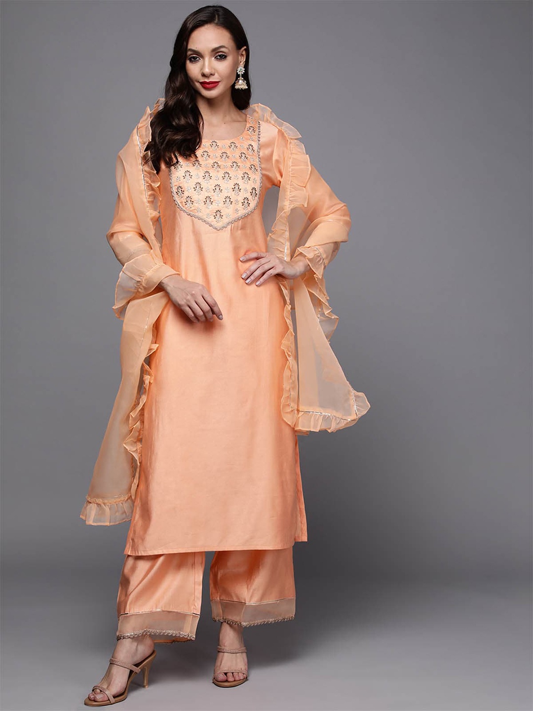 

ODETTE Women Peach Kurta With Palazzos & Dupatta