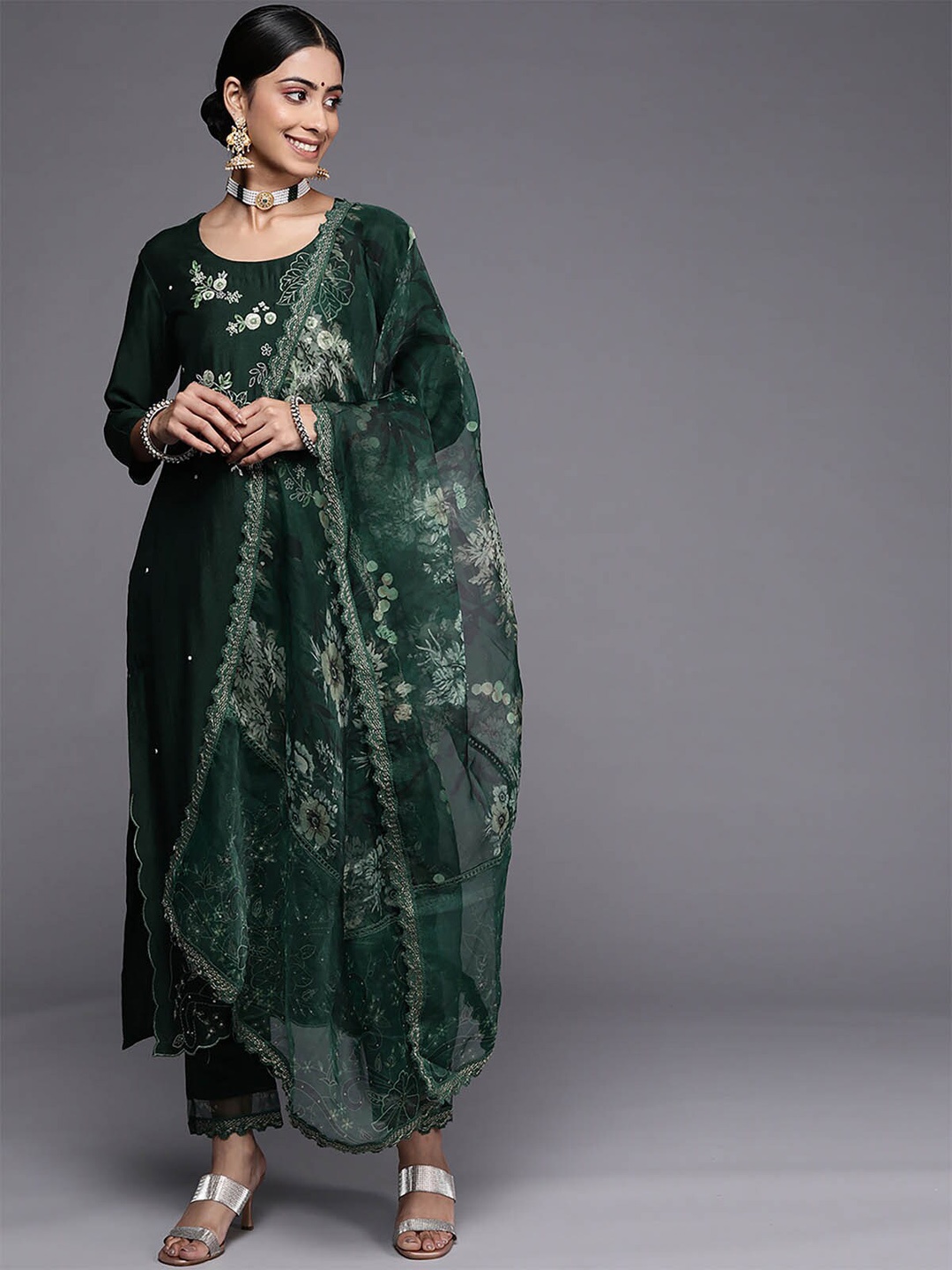 

ODETTE Women Green Floral Embroidered Mukaish Kurta with Trousers & With Dupatta
