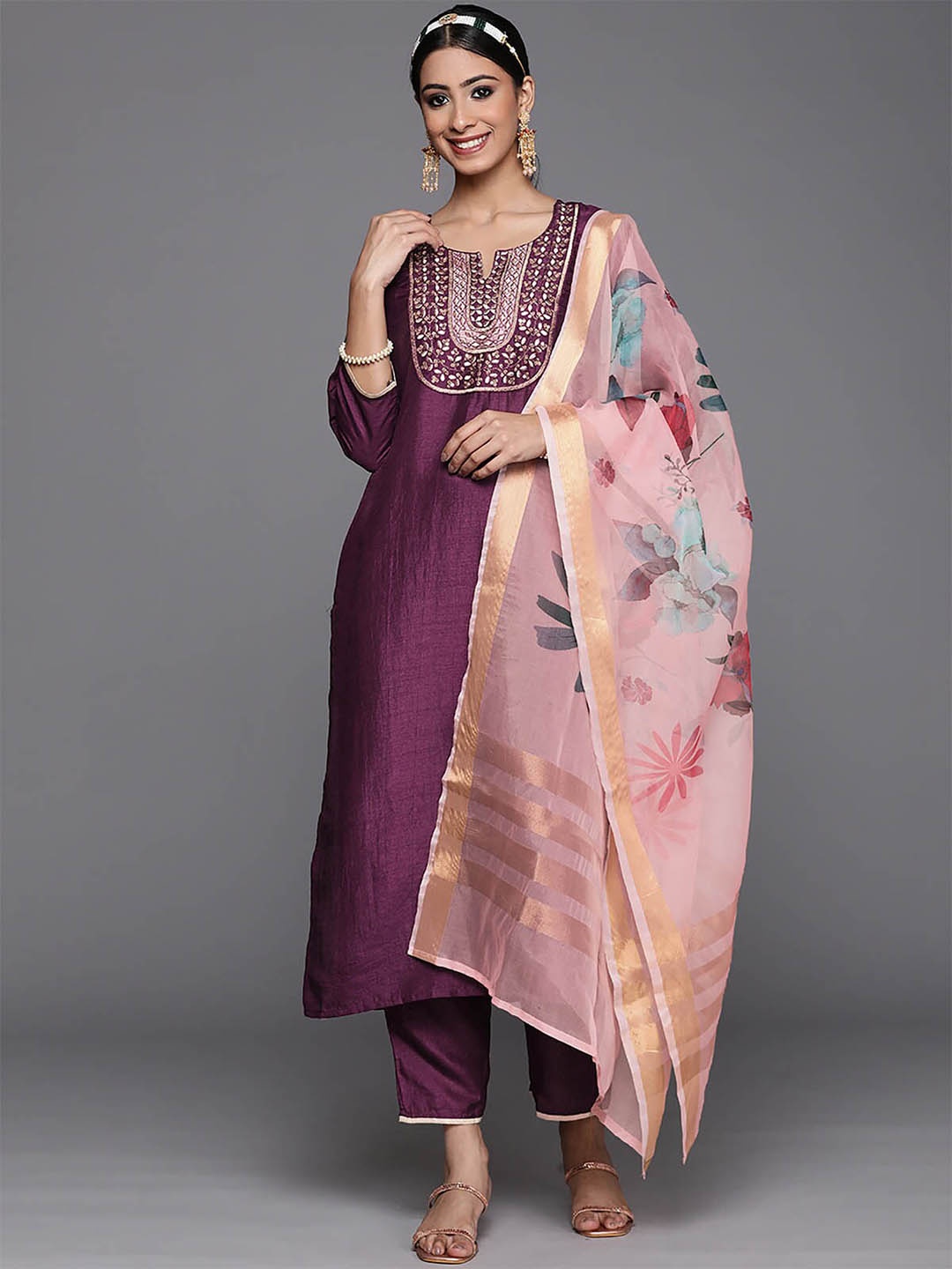 

ODETTE Women Violet Embroidered Thread Work Kurta with Trousers & With Dupatta