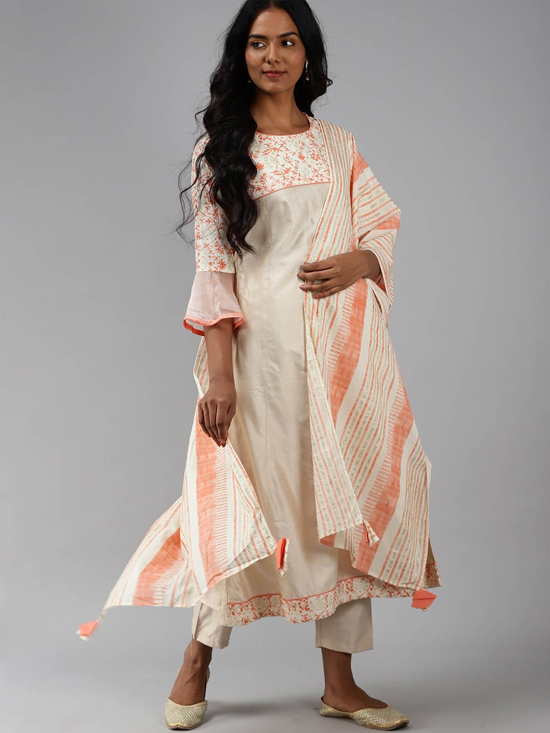 

ODETTE Women Beige Floral Yoke Design Panelled Pure Cotton Kurta with Palazzos & With Dupatta