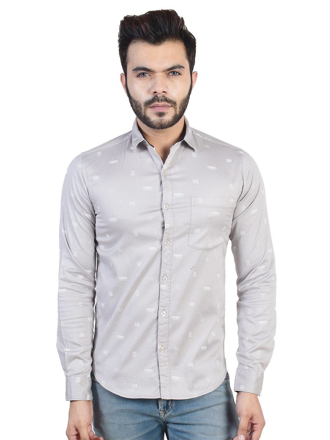 

VALEN CLUB Men Grey Slim Fit Printed Pure Cotton Casual Shirt