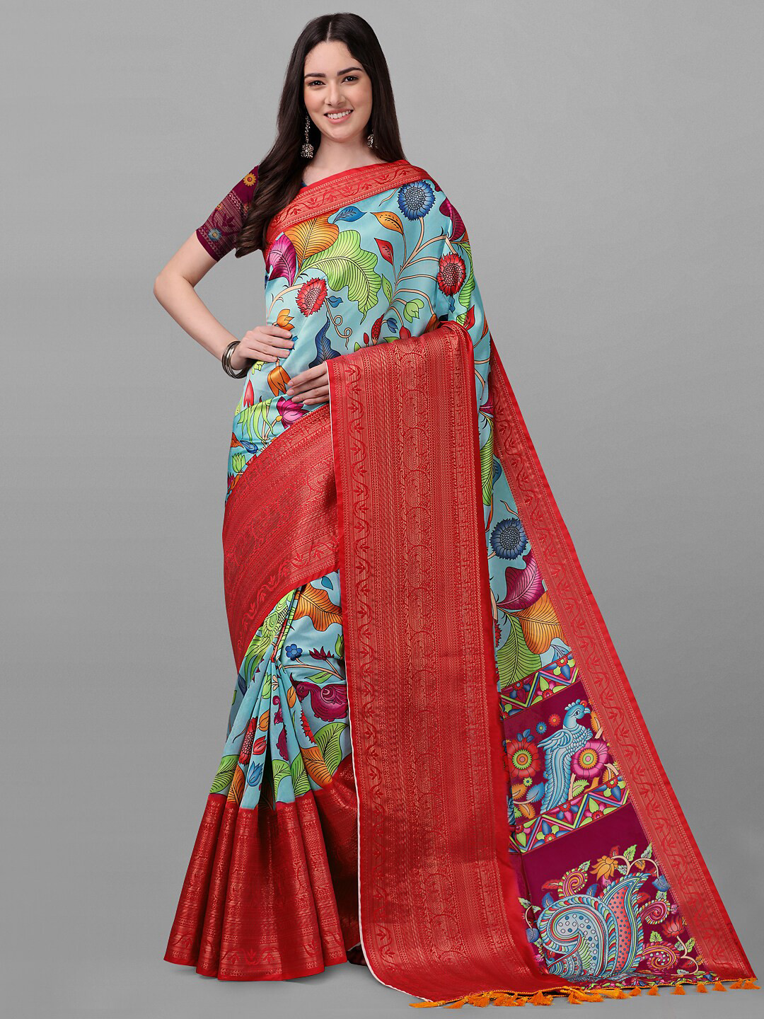 

ZIKARAA Blue & Red Floral Zari Pure Silk Banarasi Saree