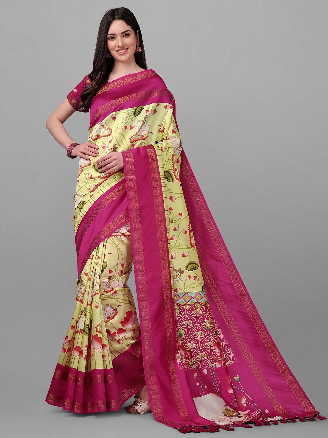 

ZIKARAA Yellow & Burgundy Floral Zari Pure Silk Banarasi Saree