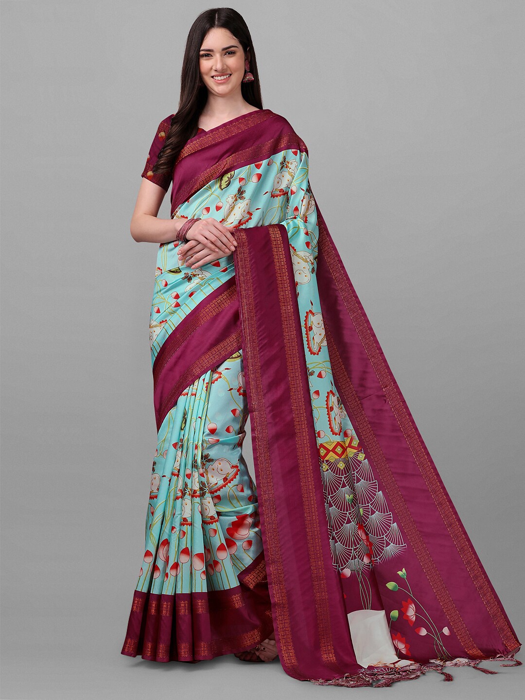 

ZIKARAA Blue & Maroon Floral Zari Pure Silk Banarasi Saree