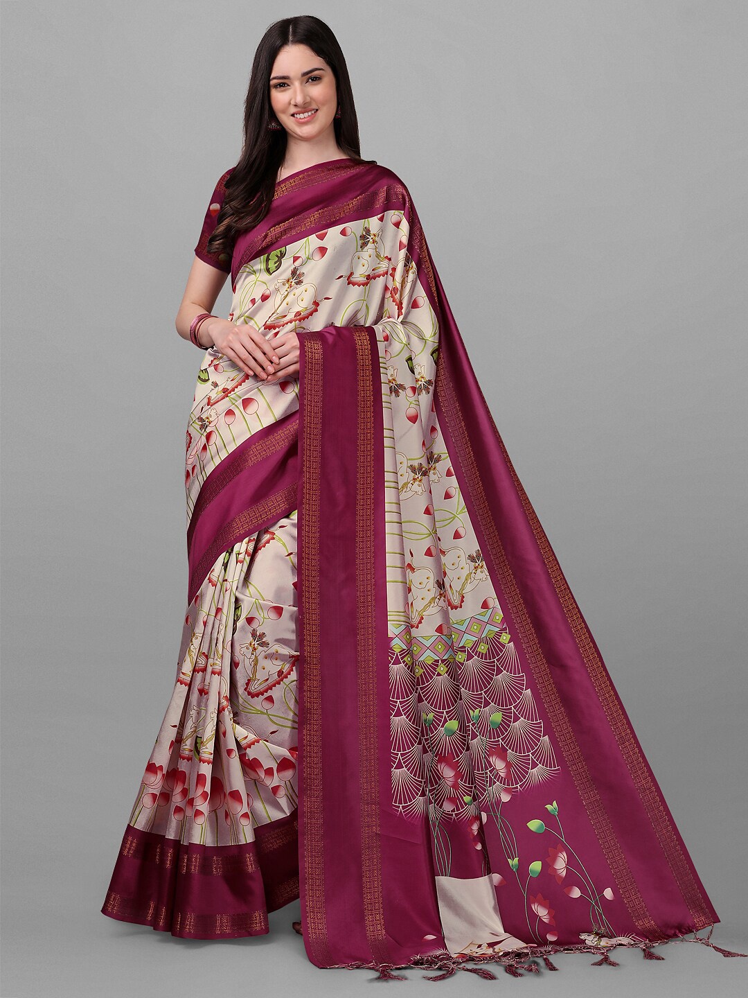

ZIKARAA Cream-Coloured & Purple Floral Zari Pure Silk Banarasi Saree