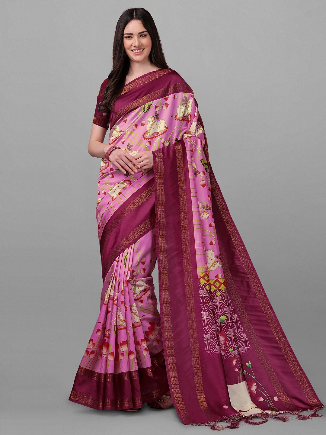 

ZIKARAA Purple Floral Pure Silk Banarasi Saree