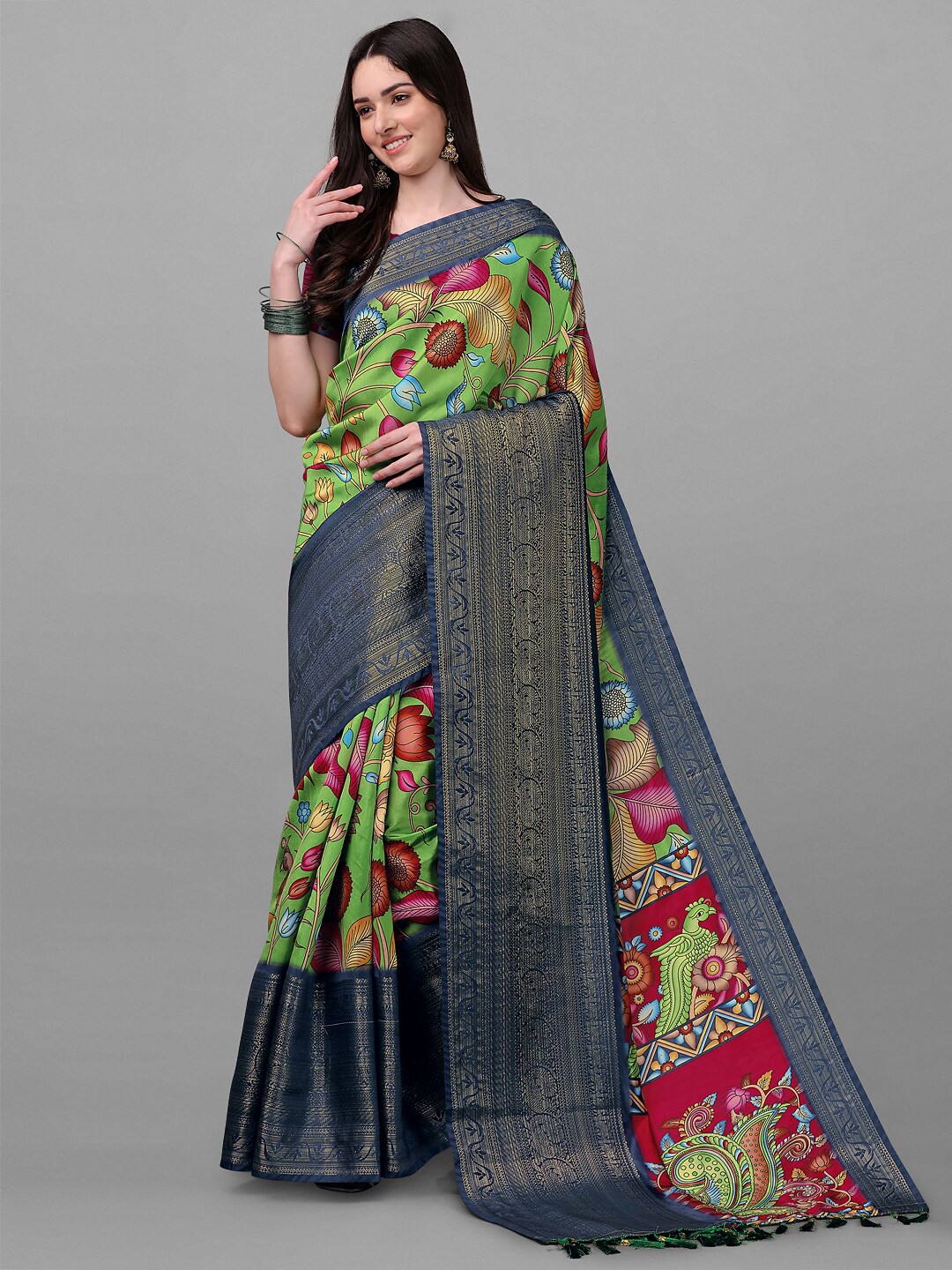 

ZIKARAA Green & Blue Floral Zari Pure Silk Banarasi Saree