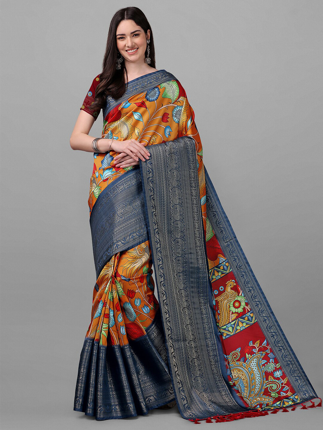 

ZIKARAA Orange & Red Kalamkari Zari Pure Silk Banarasi Saree