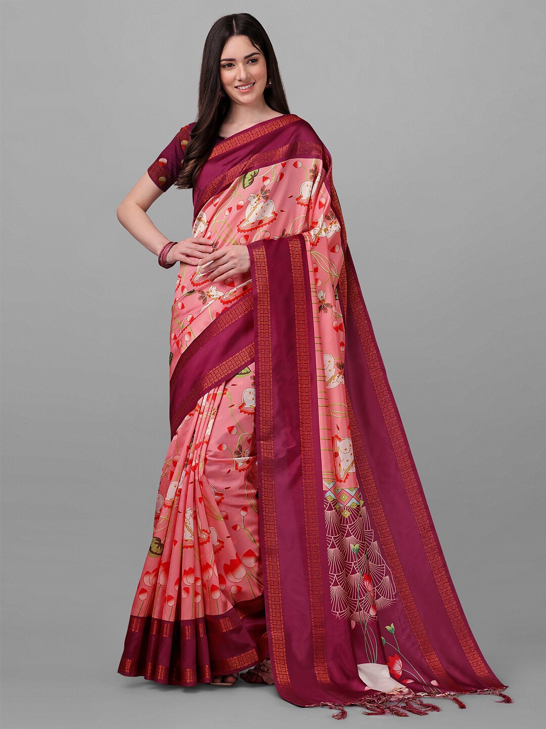

ZIKARAA Orange & Green Floral Zari Pure Silk Banarasi Saree