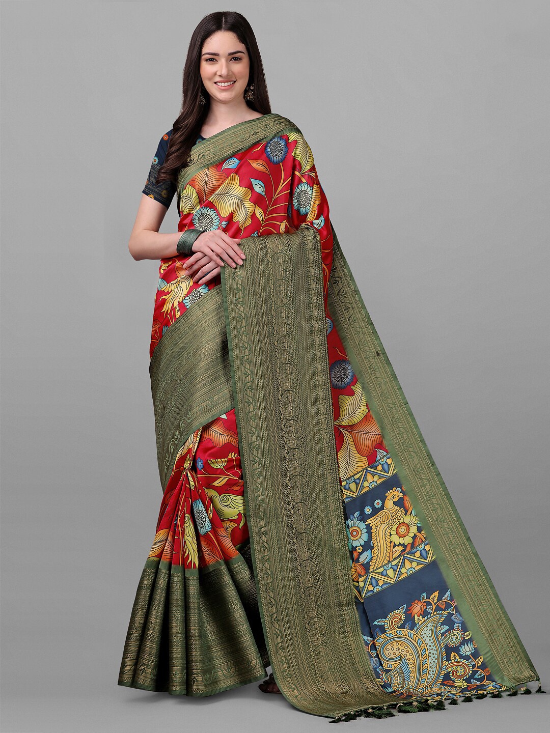 

ZIKARAA Red & Green Kalamkari Zari Pure Silk Banarasi Saree