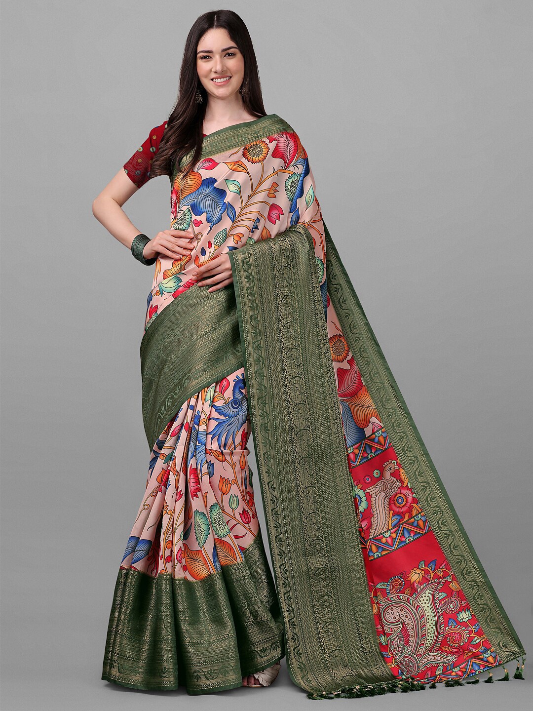 

ZIKARAA Peach & Green Floral Pure Silk Banarasi Saree