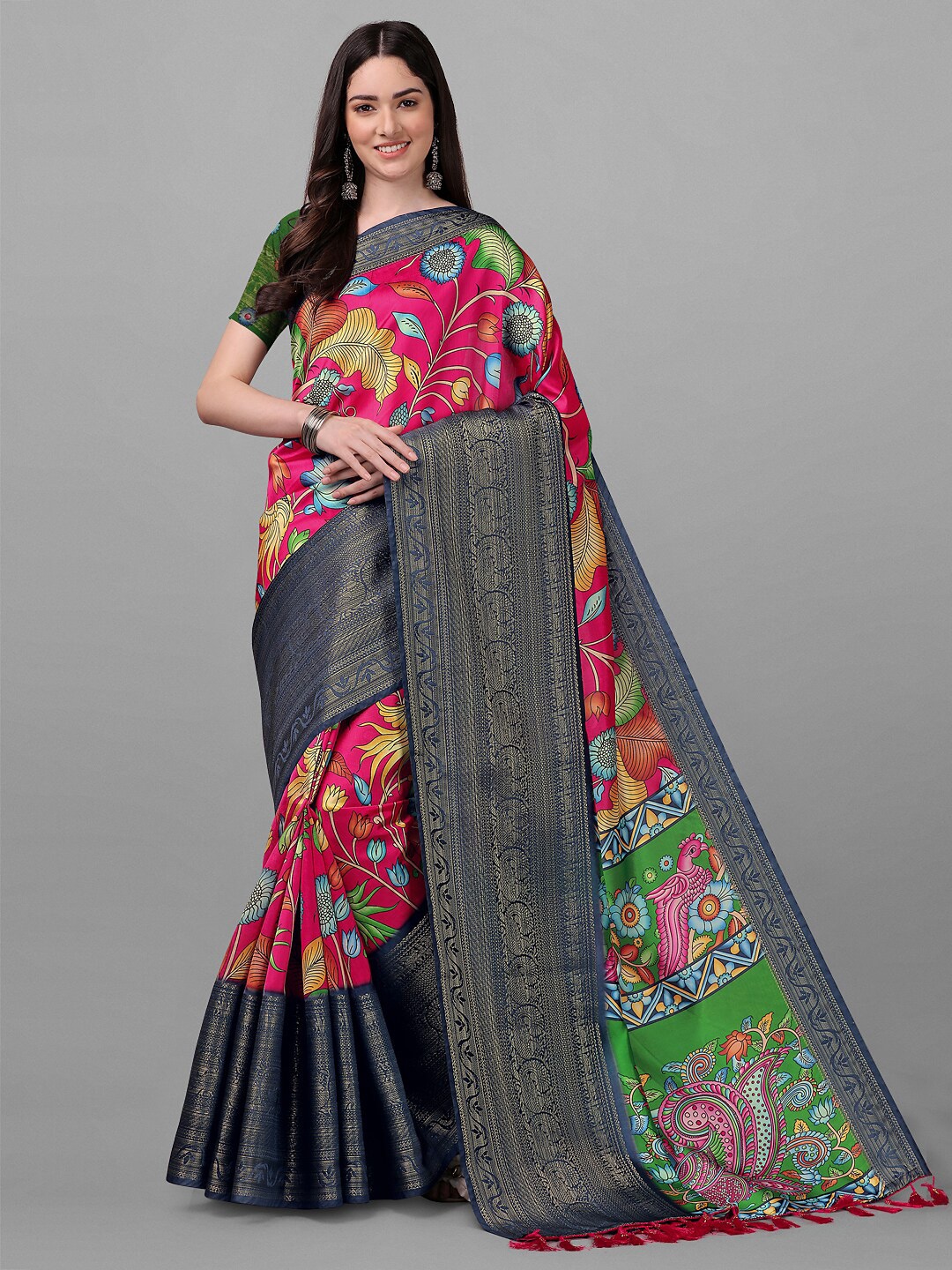 

ZIKARAA Pink & Green Floral Pure Silk Banarasi Saree