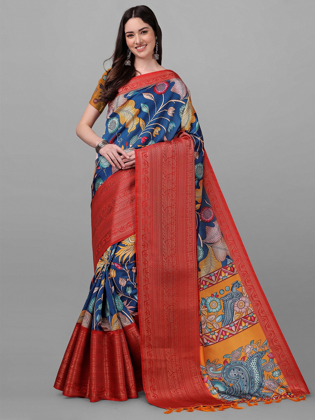 

ZIKARAA Teal & Red Kalamkari Zari Pure Silk Banarasi Saree