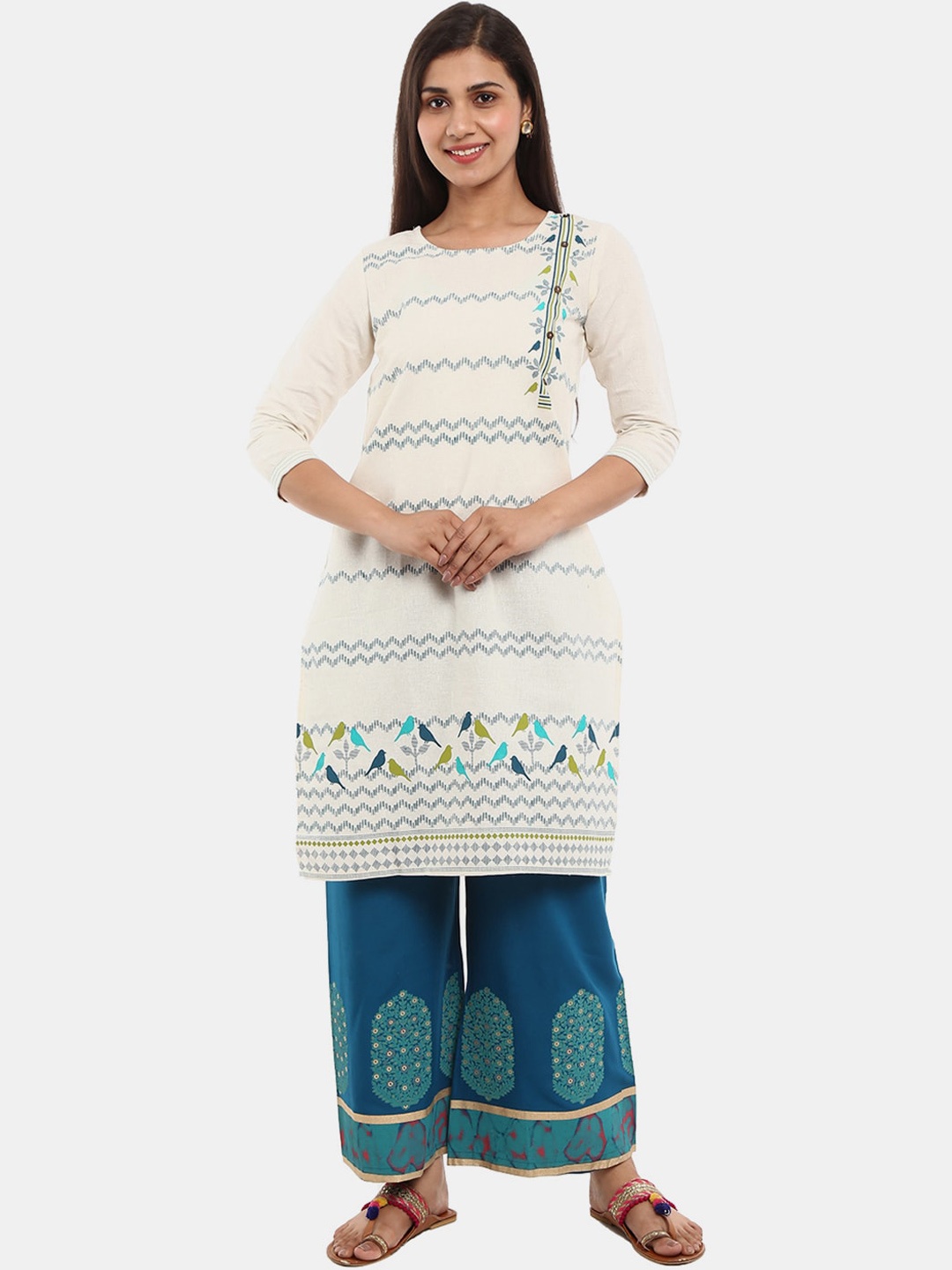 

V-Mart Women Cream-Coloured Chevron Printed Cotton Kurta