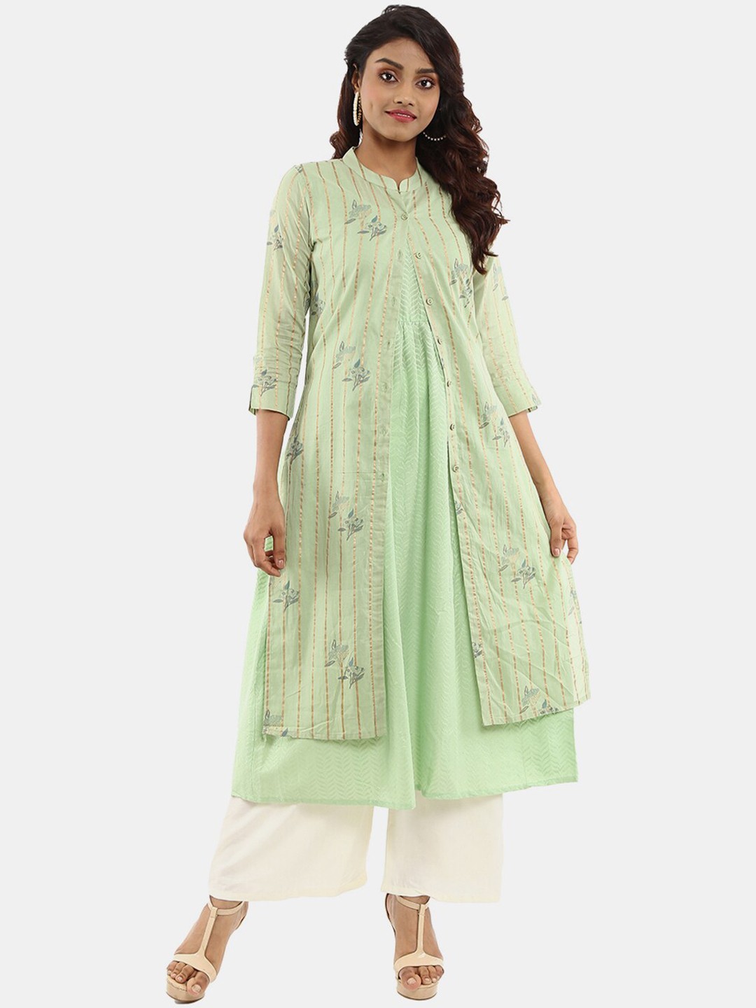 

V-Mart Striped Multiple Slit Mandarin Collar Cotton Kurta, Green