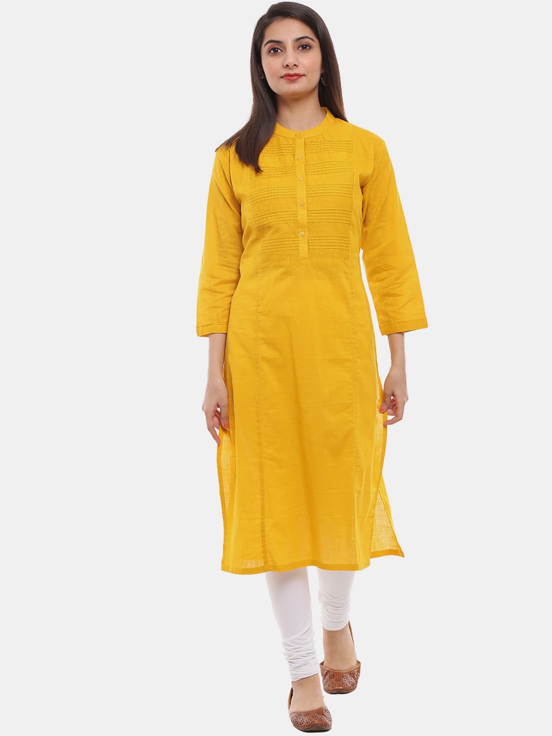 

V-Mart Mandarin Collar A-Line Panelled Cotton Kurta, Mustard