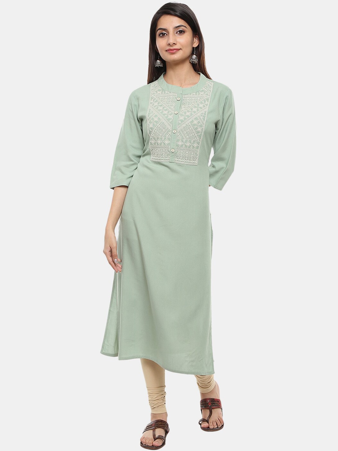 

V-Mart Ethnic Motifs Embroidered Band Collar Cotton Kurta, Green
