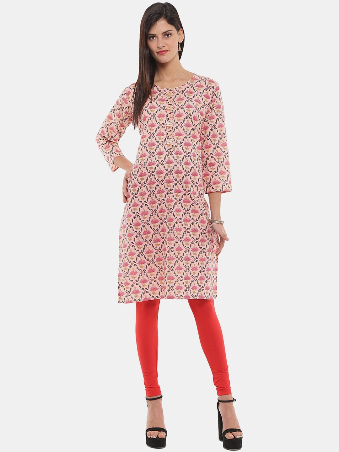 

V-Mart Ethnic Motifs Printed A-Line Straight Kurta, Peach