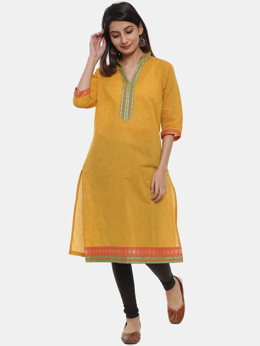 

V-Mart Mandarin Collar A-Line Regular Cotton Kurta, Yellow