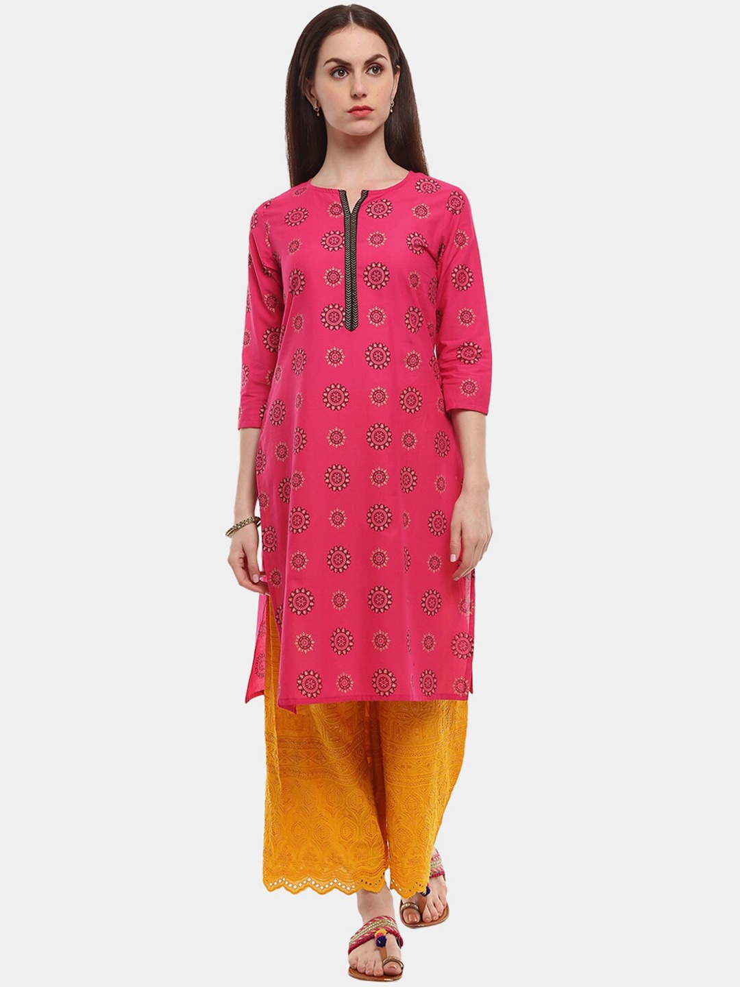

V-Mart Ethnic Motifs Printed Notched Neck Cotton Kurta, Fuchsia