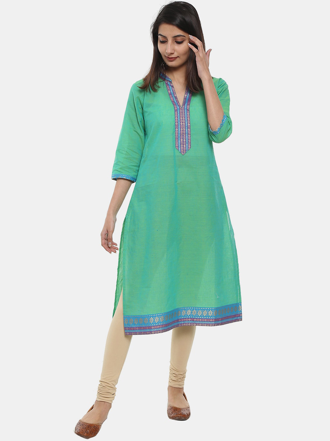 

V-Mart Mandarin Collar Woven Design A-Line Regular Kurta, Green